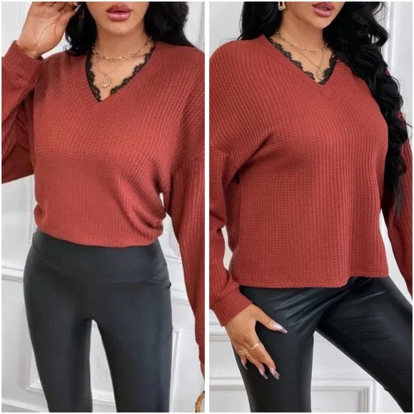 Eyelash Lace Trim V-Neck Waffle Top - Picture 2 of 10